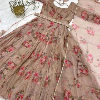 Beautiful Peach Floral Organza Suit