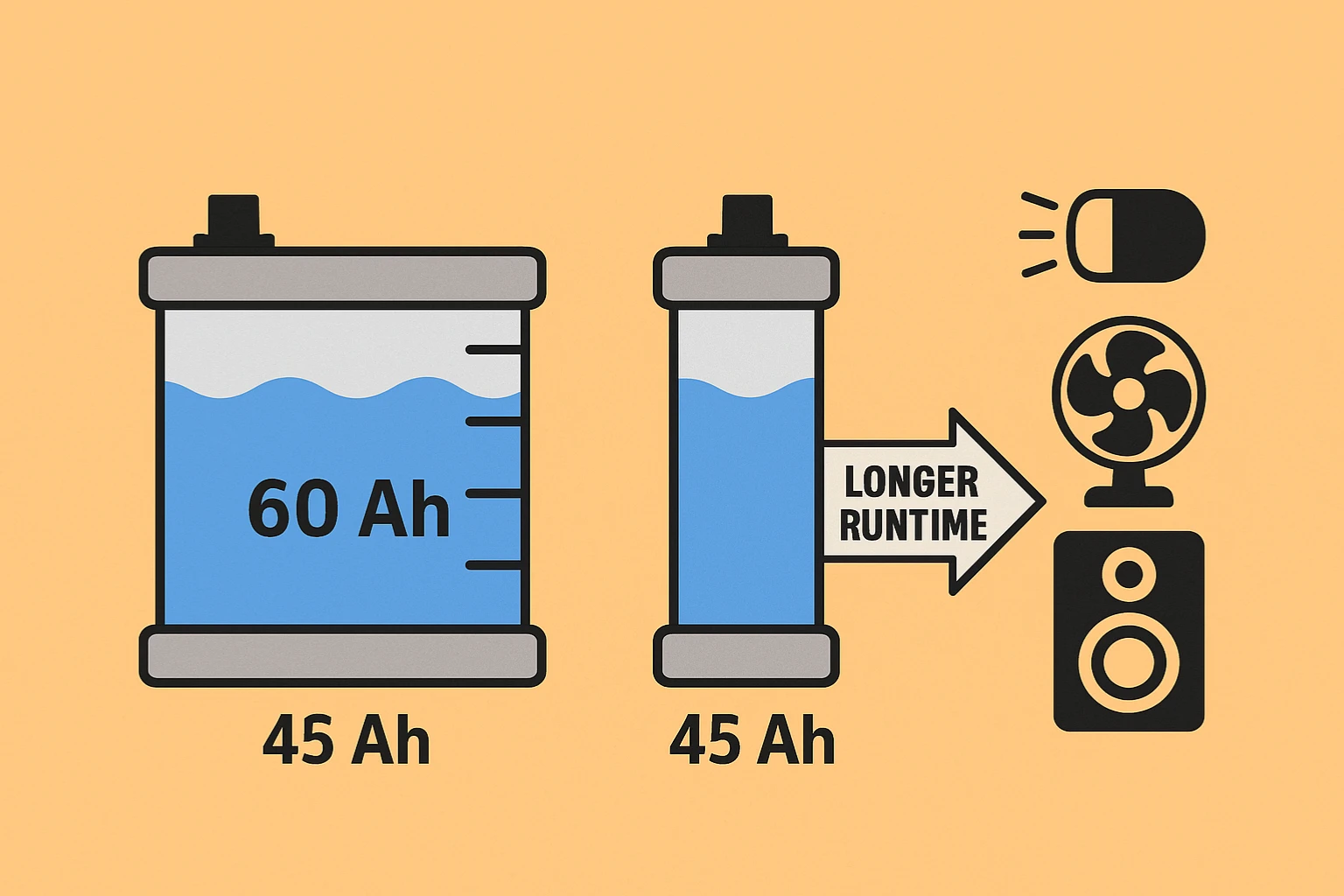Illustration showing 60Ah vs 45Ah battery as water tanks