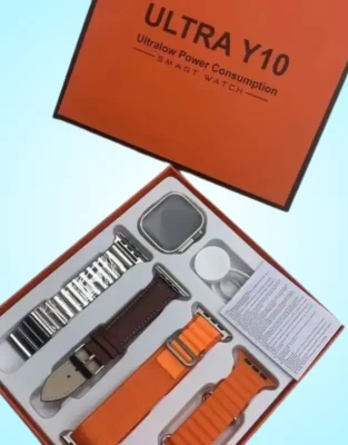 An open box displaying a y10 ultra smartwatch with multiple straps in silver, brown, and orange, with a price tag for bangladesh.